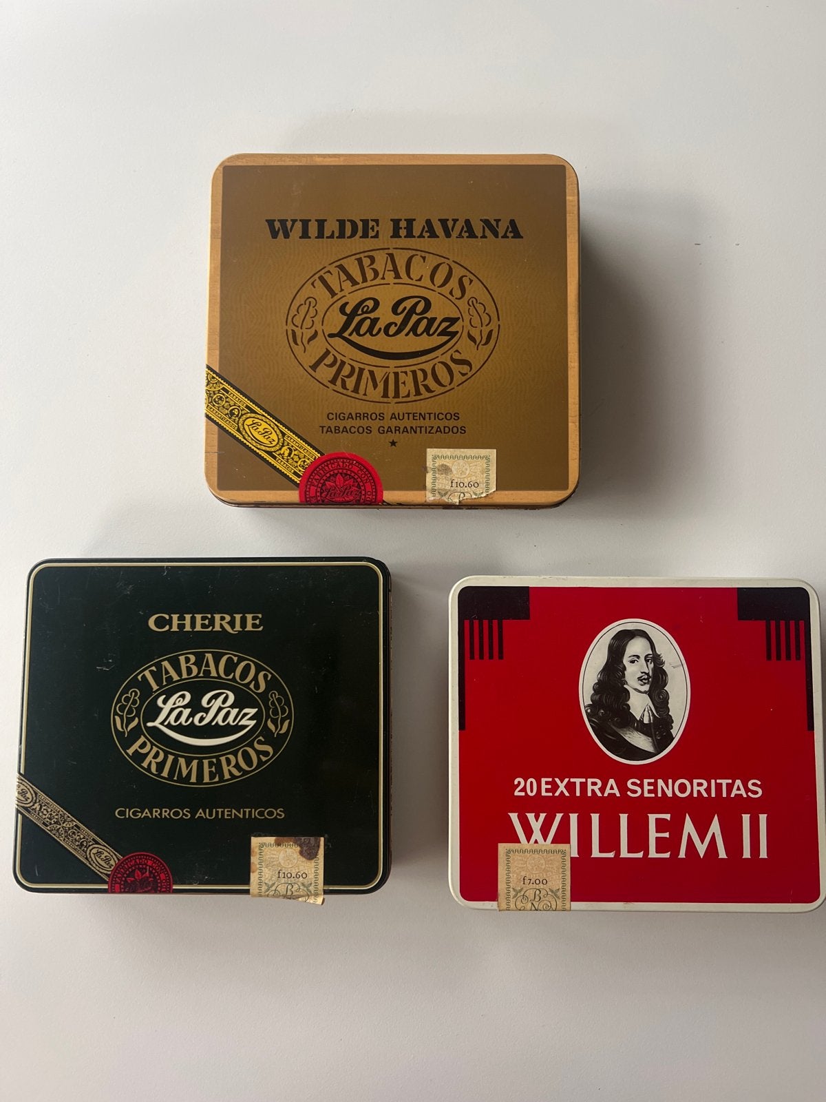 Vintage sigarenblikjes La Paz en Willem II (3 stuks), Verzamelen, Ophalen of Verzenden, Gebruikt, Overige, Overige merken