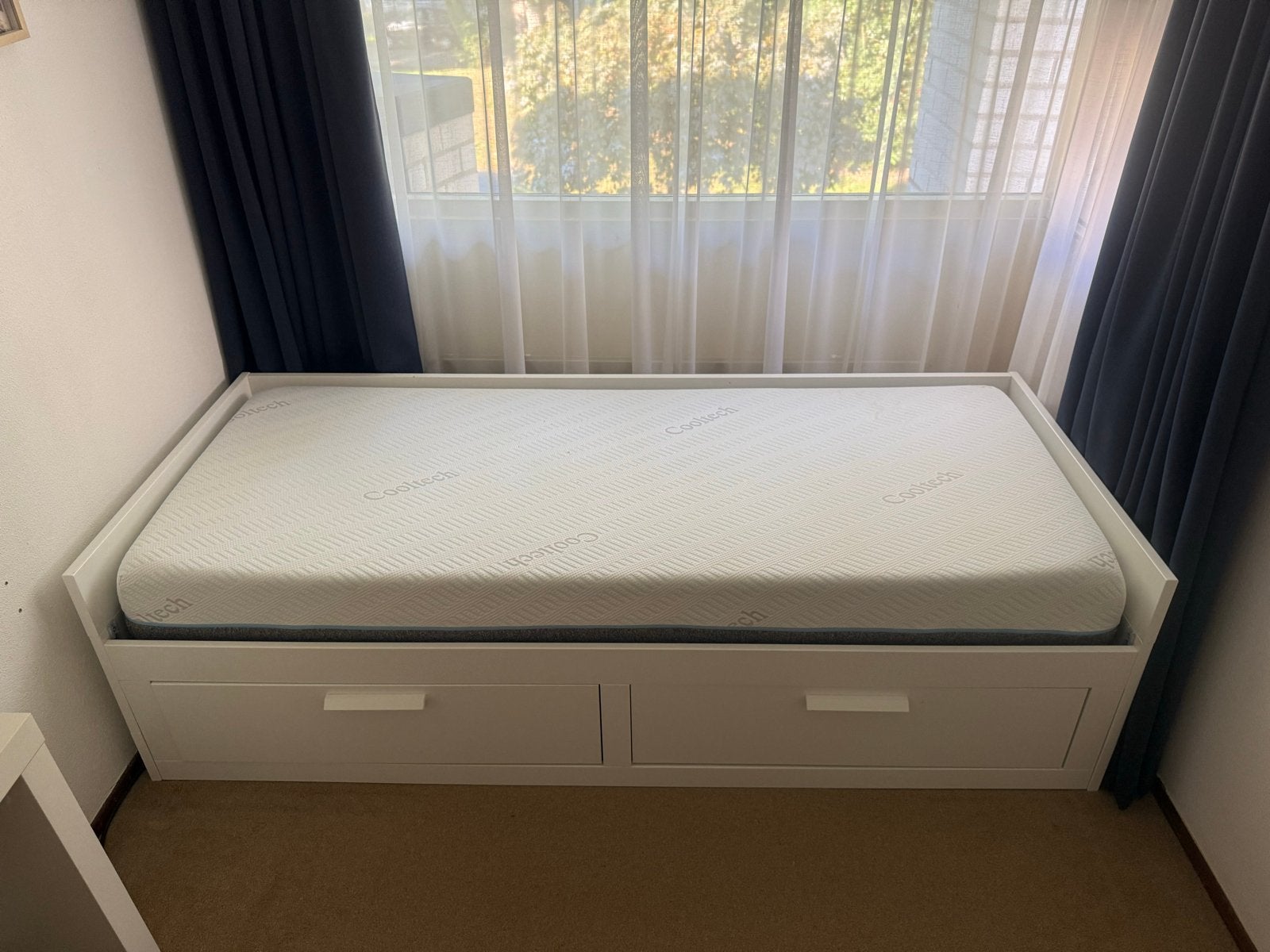 IKEA Brimnes bedbank met 2 lades en matras, Ophalen, Eenpersoons, Wit, Zo goed als nieuw