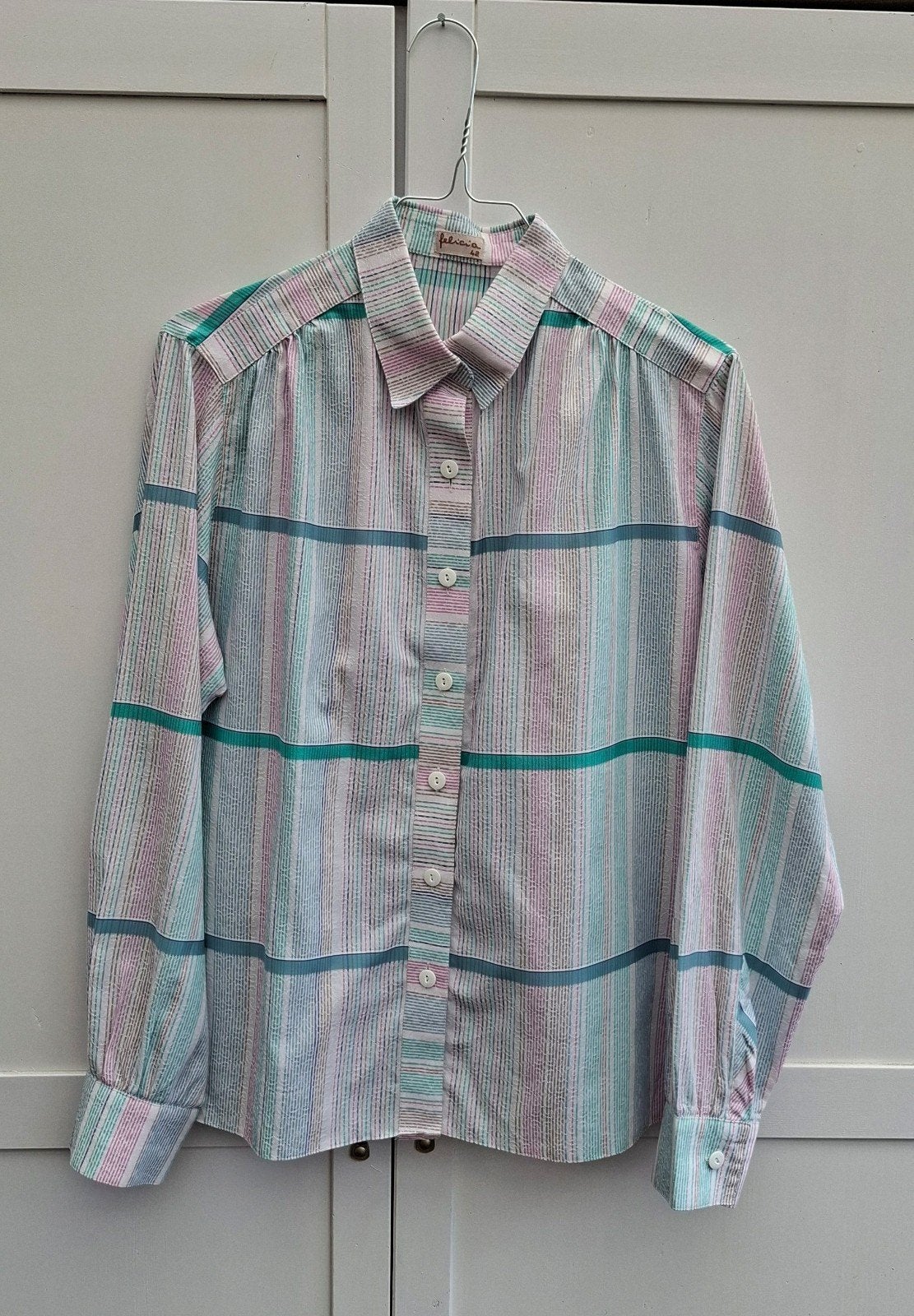 Vintage blouse, maat 42/XL - wit/ roze/ groen - gestreept -, Meerkleurig, Maat 42/44 (L), Onbekend, Ophalen of Verzenden