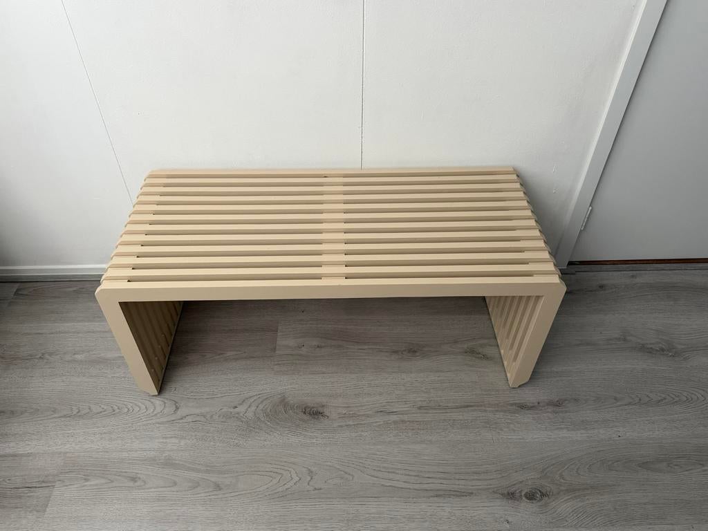Bijenkorf design houten bank/bijzettafel - Beige, Zo goed als nieuw, 75 cm of meer, Modern, Rechthoekig