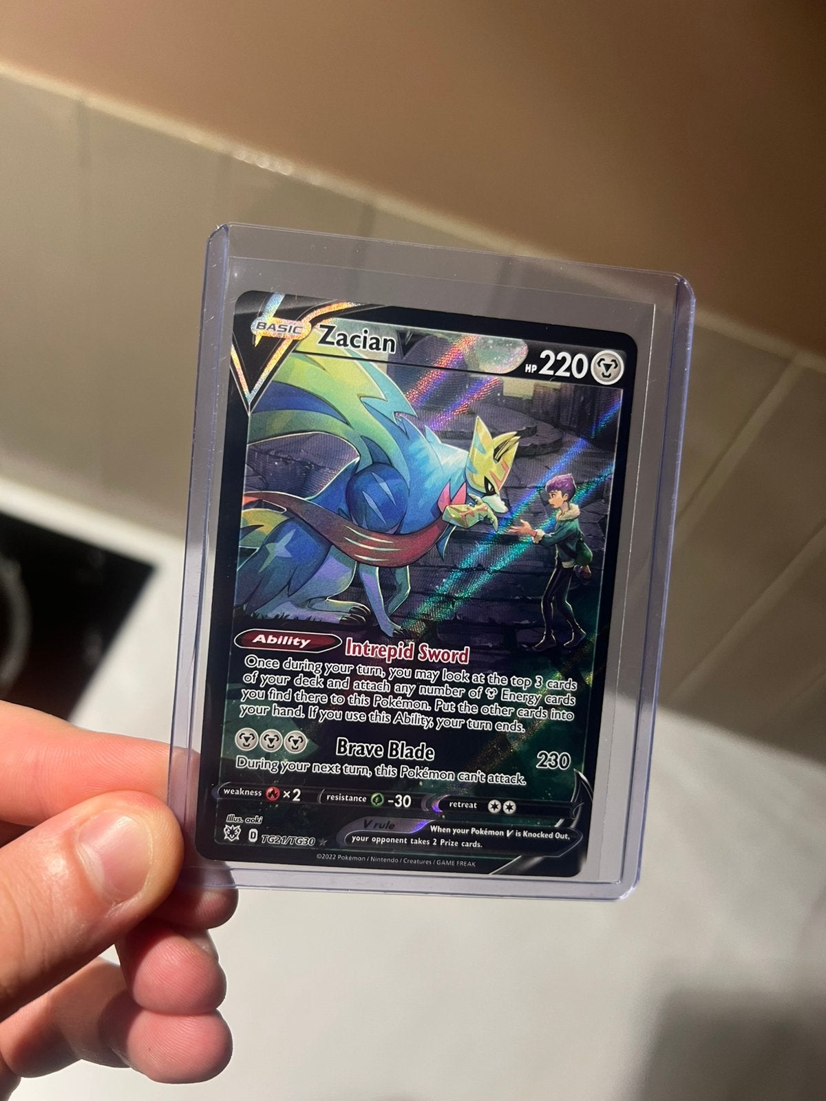 Pokemon kaart Zacian V #TG21, Hobby en Vrije tijd, Verzamelkaartspellen | Pokémon, Ophalen of Verzenden, Zo goed als nieuw, Losse kaart