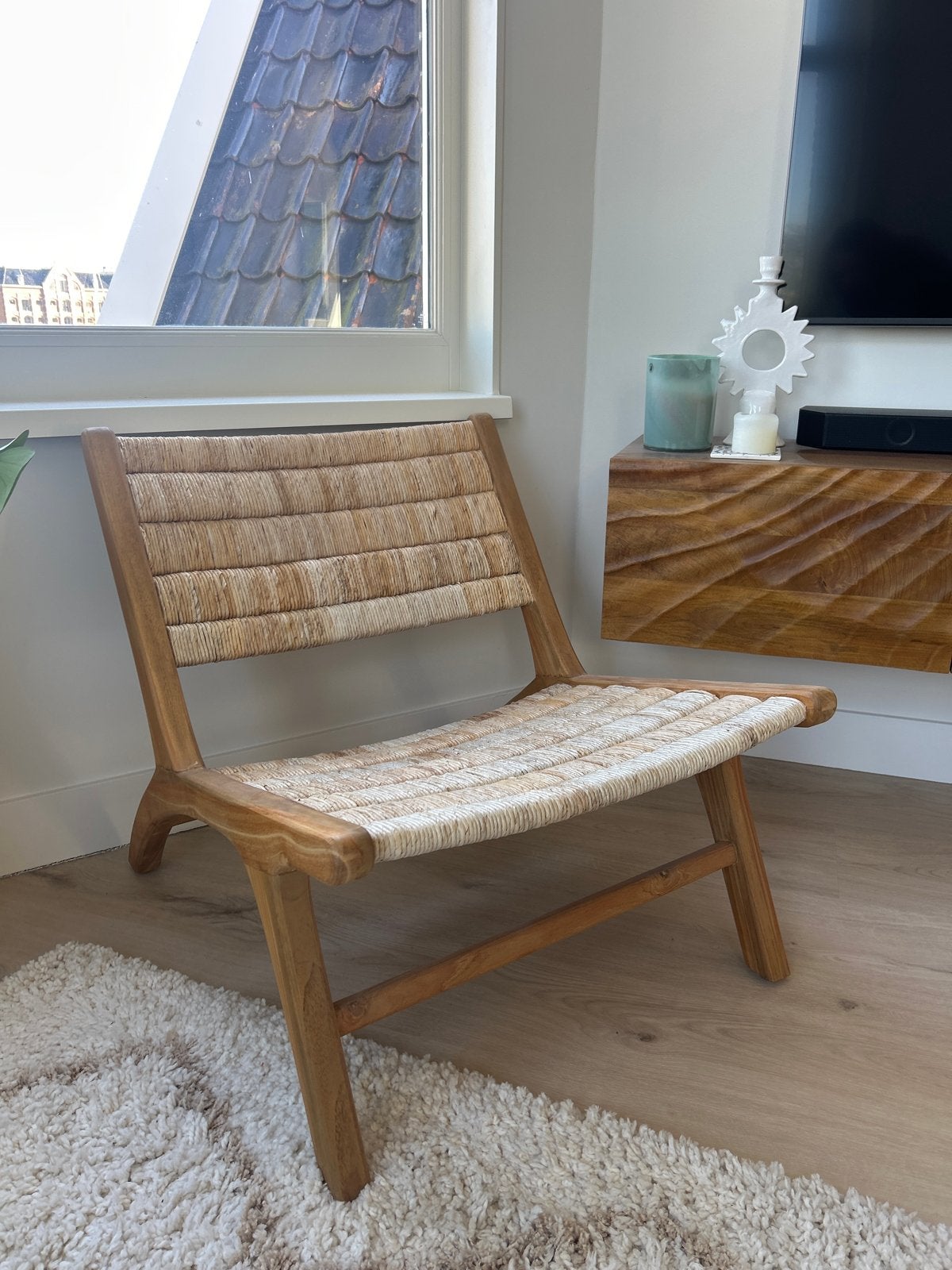 HK Living lounge stoel van hout en riet, Bruin, Ophalen of Verzenden, Zo goed als nieuw, Eén