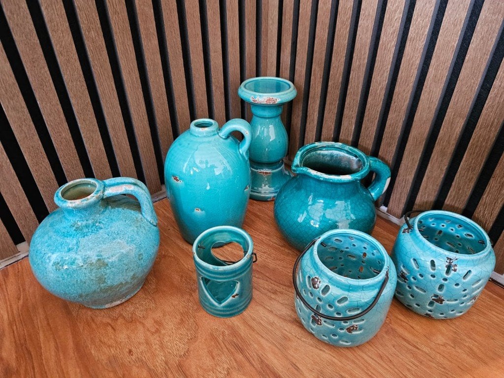 Vintage Brynxz aardewerk in blauw/turquoise, Ophalen, Blauw, 15 cm, Zo goed als nieuw