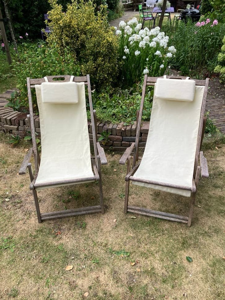 Twee verstelbare teakhouten strandstoelen met kussens, Tuin en Terras, Tuinstoelen, Ophalen, Gebruikt, Teakhout, Inklapbaar