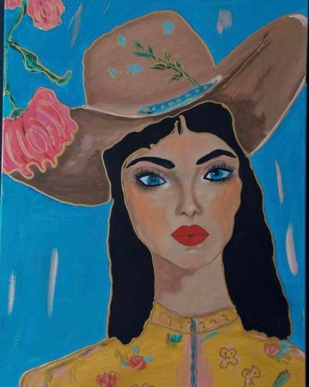 Portret van een vrouw met hoed en bloemen, Acrylverf, Handgeschilderd, Ophalen of Verzenden, Portret
