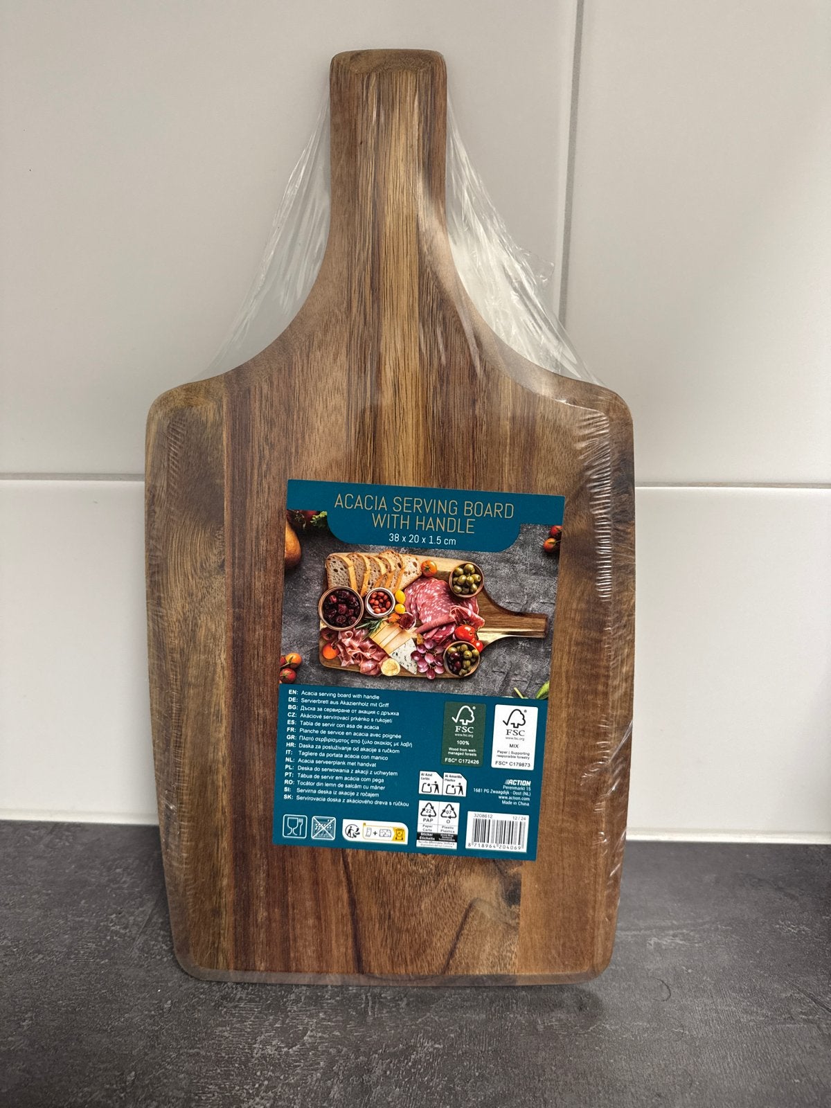 Acacia serveerplank met handvat - 38x20x1.5 cm, Hout, Snij-/serveerplank, Nieuw, Ophalen of Verzenden