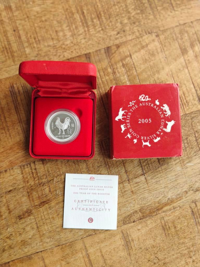 2005 Lunar Rooster Proof 1/2 oz Oplage 1441 Zie ook andere, Ophalen of Verzenden, Losse munt, Zilver