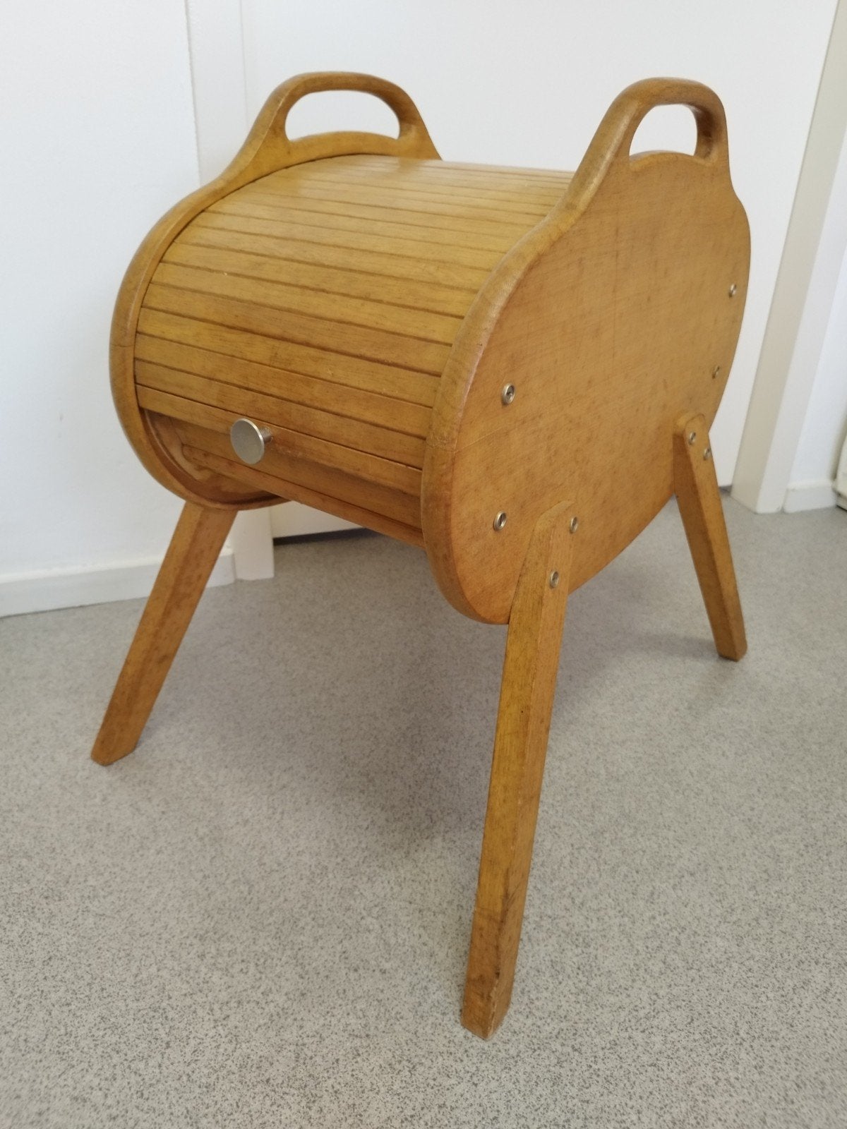 Vintage tamboer rolluik naaikastje Mid Century Deens 29x57cm, Antiek en Kunst, Verzenden, Object, Beige, Hout