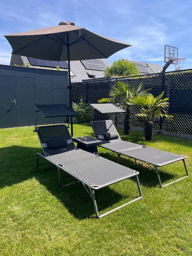 6stuks ligzetels parasol en voet slide tafel en barstoel, Ophalen, Minder dan 1 meter, Parasolvoet