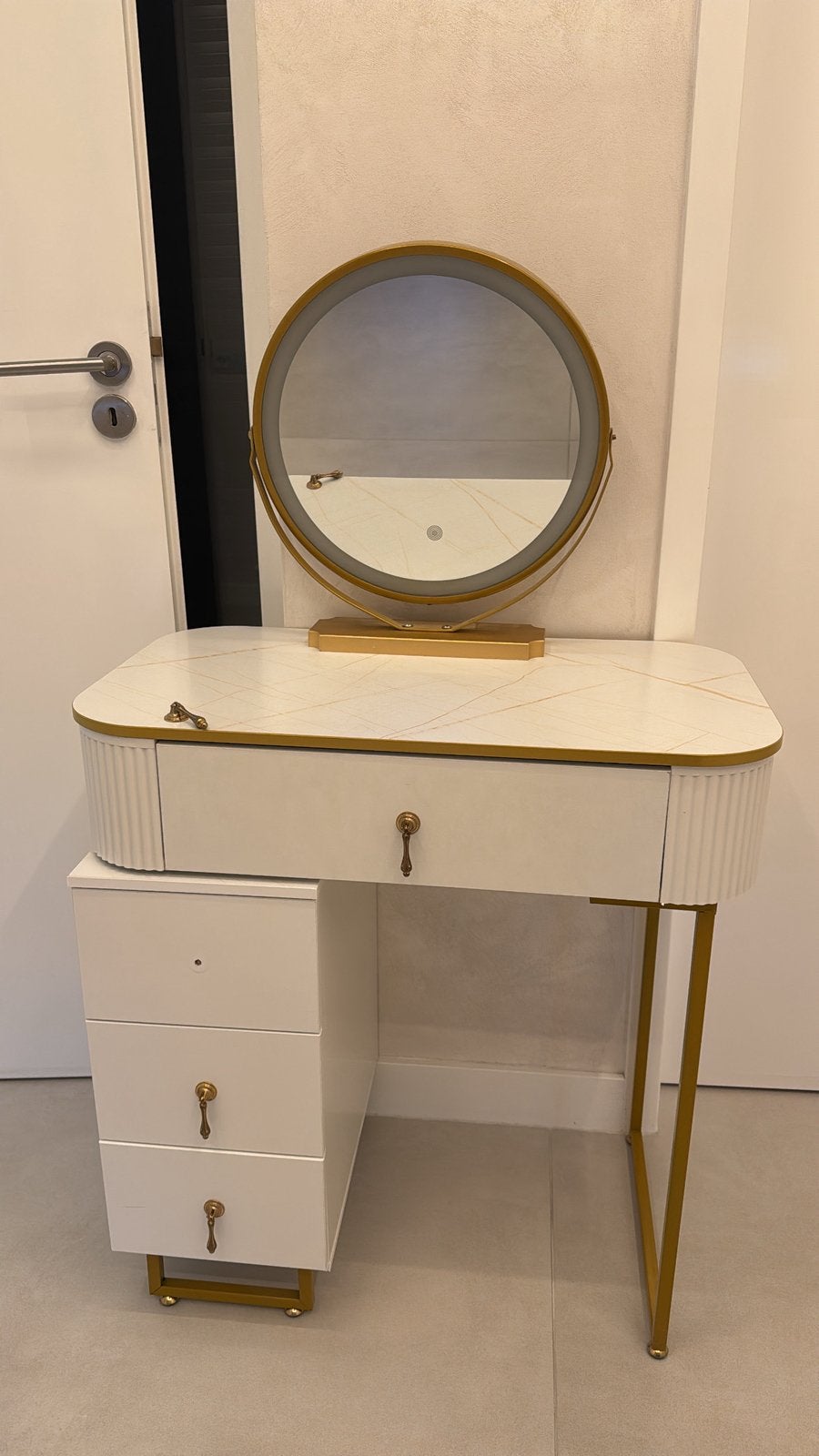 make-up tafel/kaptafel met ronde spiegel - wit met goud, Ophalen, Gebruikt, 50 tot 100 cm, Minder dan 100 cm
