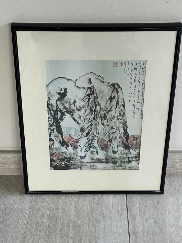Vintage chinese print schilderij Paarden decor 30/40 cm, Ophalen of Verzenden
