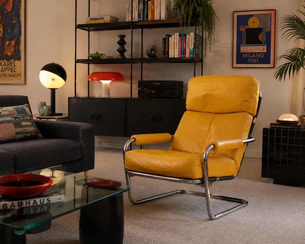 Jan de Bouvrie meneer Obermann fauteuil in Geel leer, Ophalen, 75 tot 100 cm, Zo goed als nieuw, Modern Tijdloos Vintage klassiek industrieel