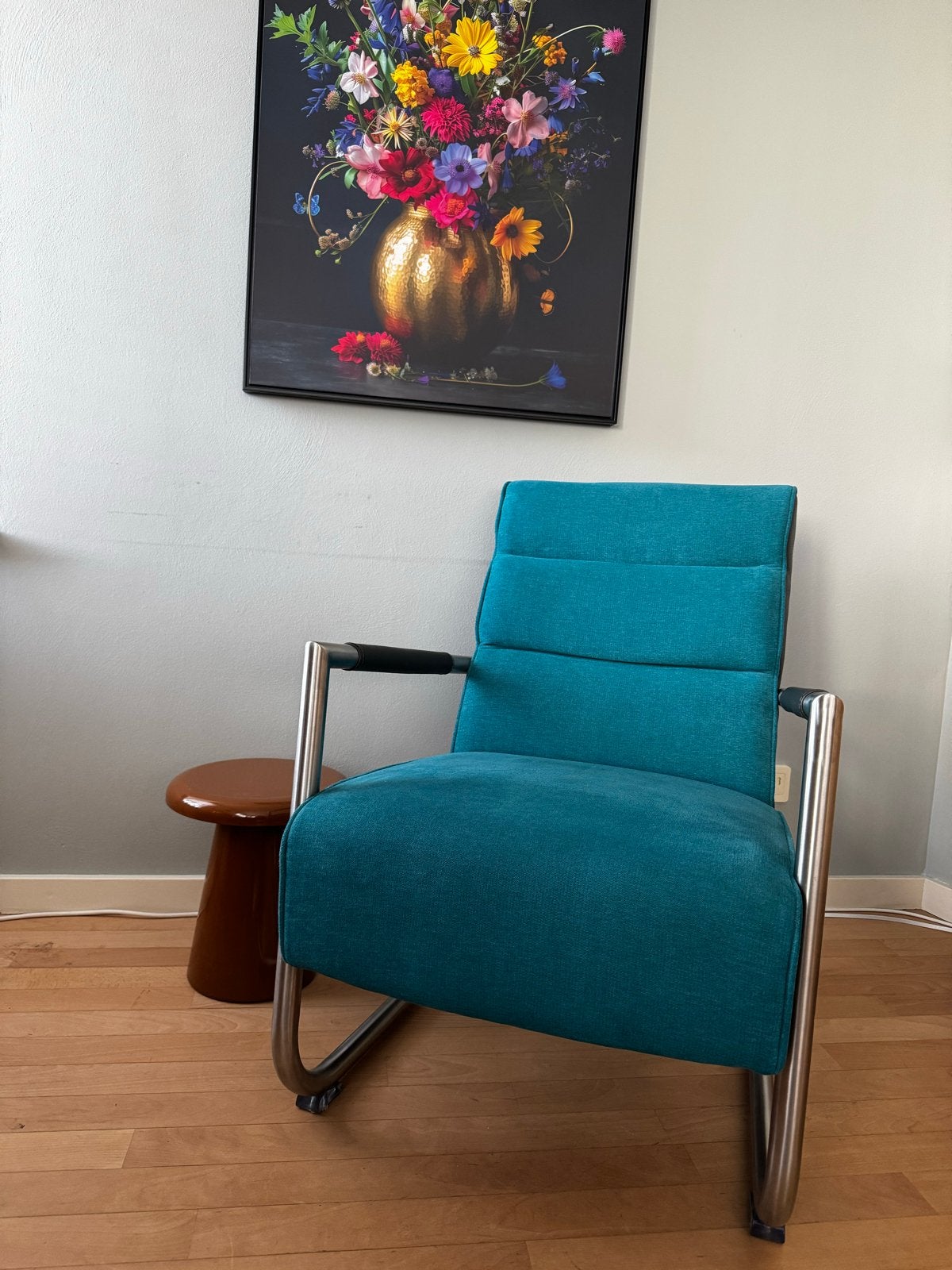 Stoere stevige fauteuil - Olifant grijs met petrol blauw, Huis en Inrichting, Ophalen, Gebruikt, 75 tot 100 cm, Stof