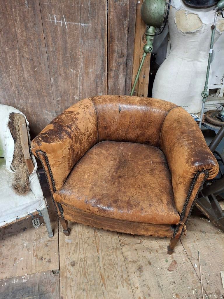 Oude fauteuil fauteuils leren brocante vintage stoel, Ophalen