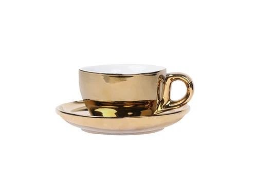 5 x gouden cappucino kopjes met 6 schotels van APS, Huis en Inrichting, Gebruikt, Verzenden, Keramiek, Overige stijlen