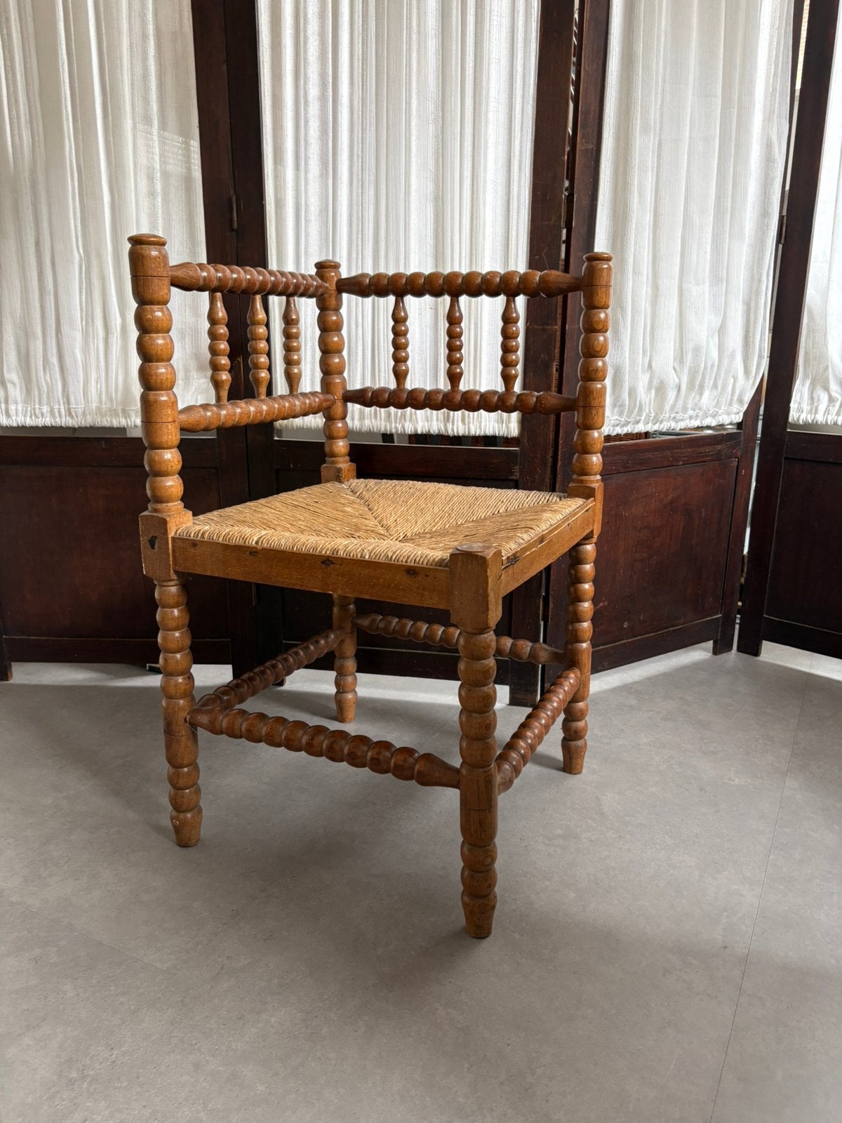 Antiek bobbin houten & paperstraw zitting hoekstoel|, Antiek en Kunst, Ophalen of Verzenden