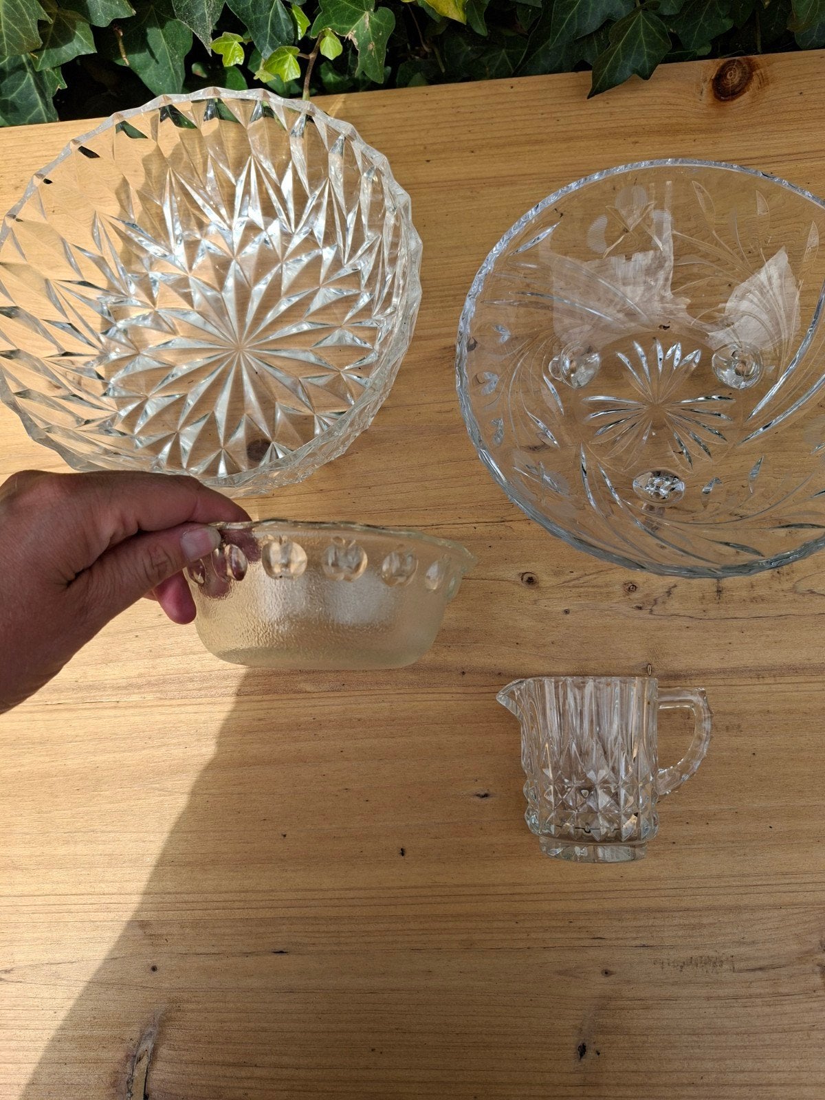 Set van 4 vintage glazen schalen en kannetje, Antiek en Kunst, Antiek | Glas en Kristal, Ophalen