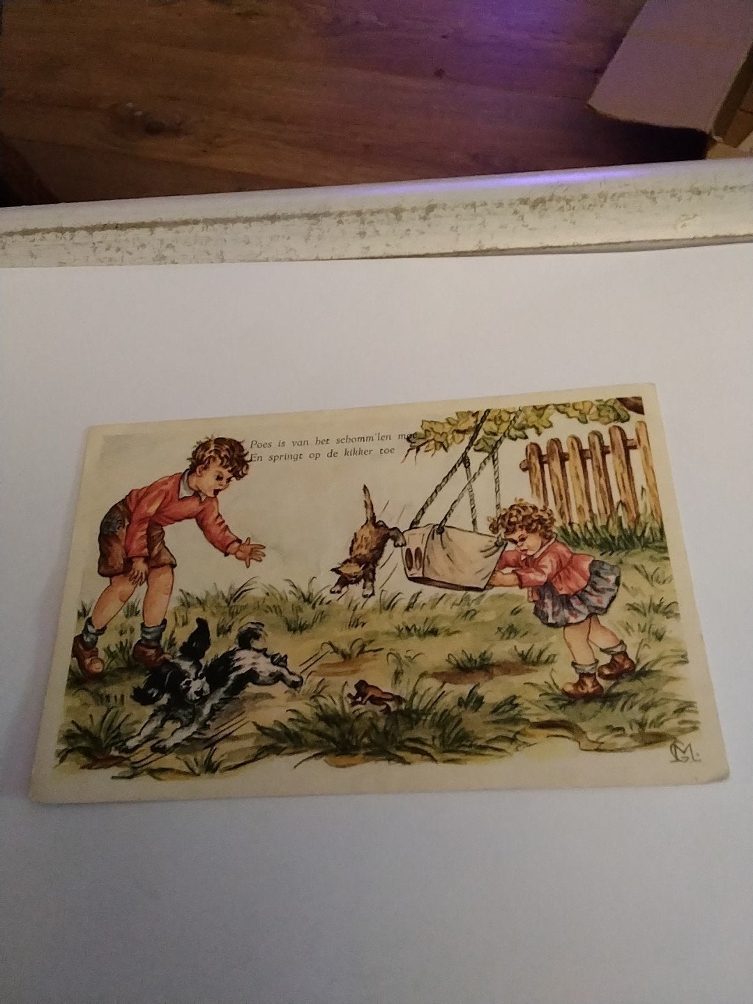 Oude ansichtkaart: Kinderen met hond en kat 1955, Ophalen of Verzenden
