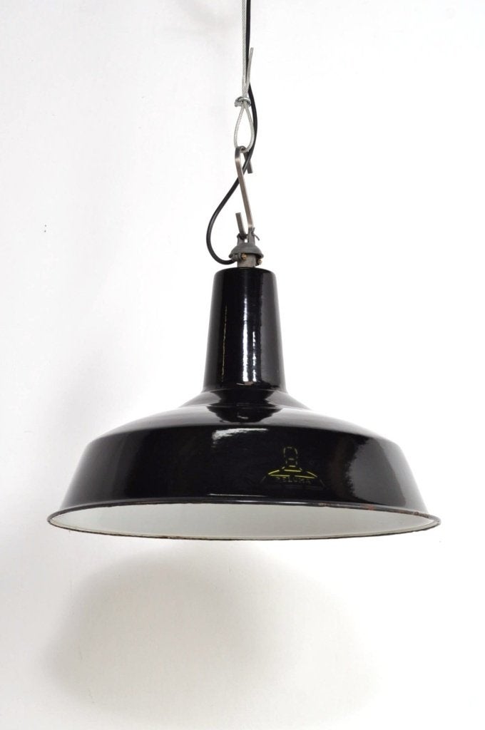 Vintage fabriekslampen Reluma emaille hanglampen set 1940s