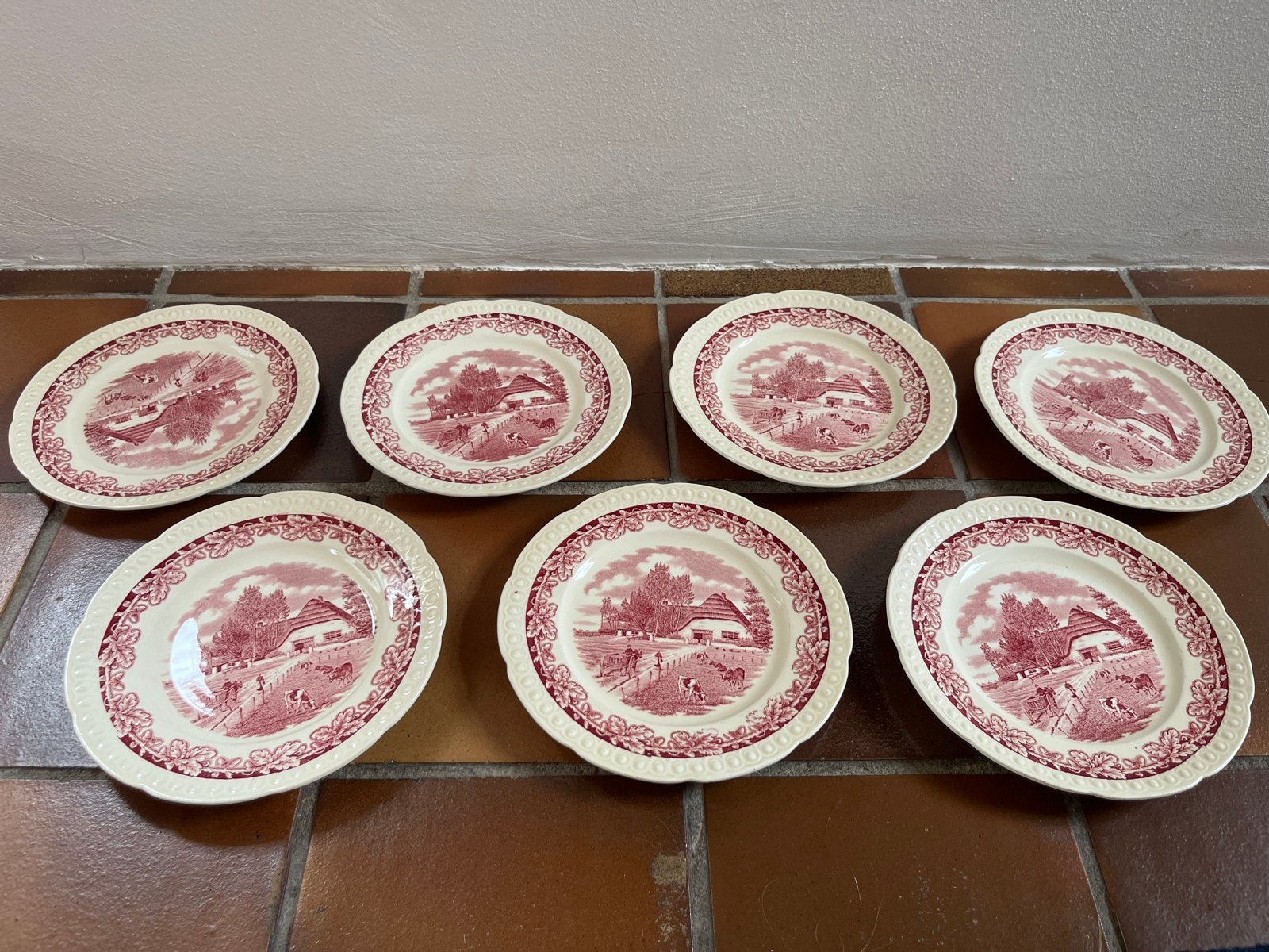 7 Antieke Borden Boerenhoeve Rood - S.C. Maastricht, Ophalen