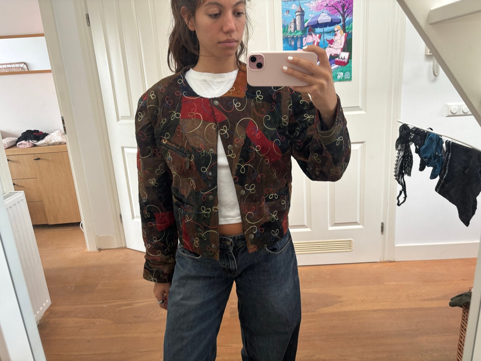 Handgemaakt leren jasje met patchwork en borduursels, Kleding | Dames, Ophalen of Verzenden, Gedragen, Maat 38/40 (M), Meerkleurig