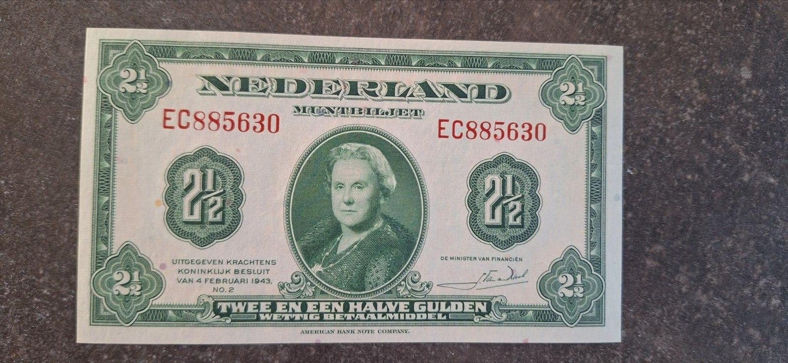Nederland 2,5 gulden 1943 UNC ( Zeer mooi)., Ophalen of Verzenden