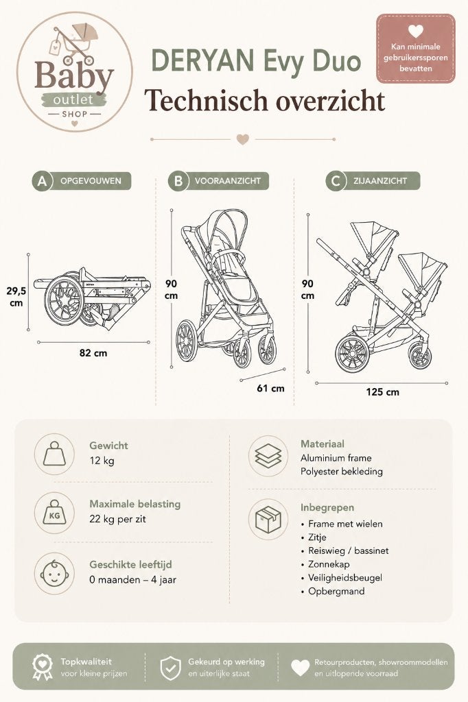 Deryan Evy V2 Duo Kinderwagen - Extra zitje - Zwart, Ophalen of Verzenden