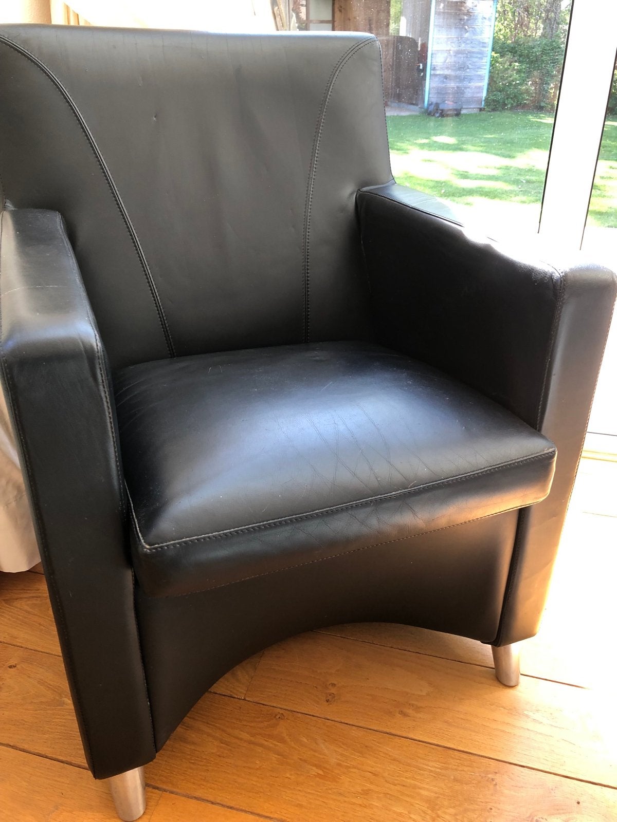 LeoLux fauteuil, zwart leer, licht beschadigd, Ophalen, Gebruikt, Leer, 75 tot 100 cm