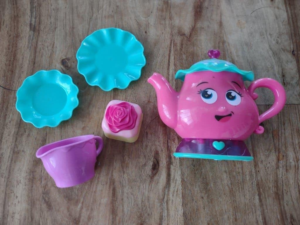 Mooi roze theeservies, theekan met kom en taartje. Servies., Gebruikt, Onb, Ophalen of Verzenden, Onb
