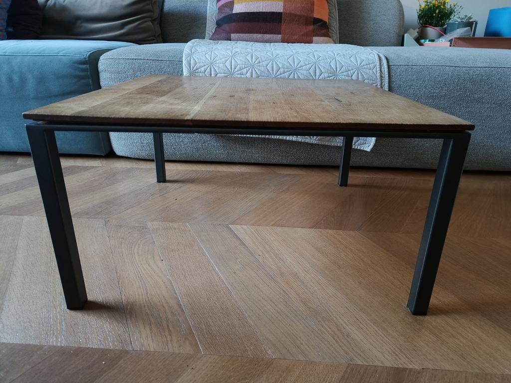 Linteloo salontafel eikenhout en staal, zwevend blad, Ophalen, Gebruikt, 50 tot 100 cm, Stoer en strak