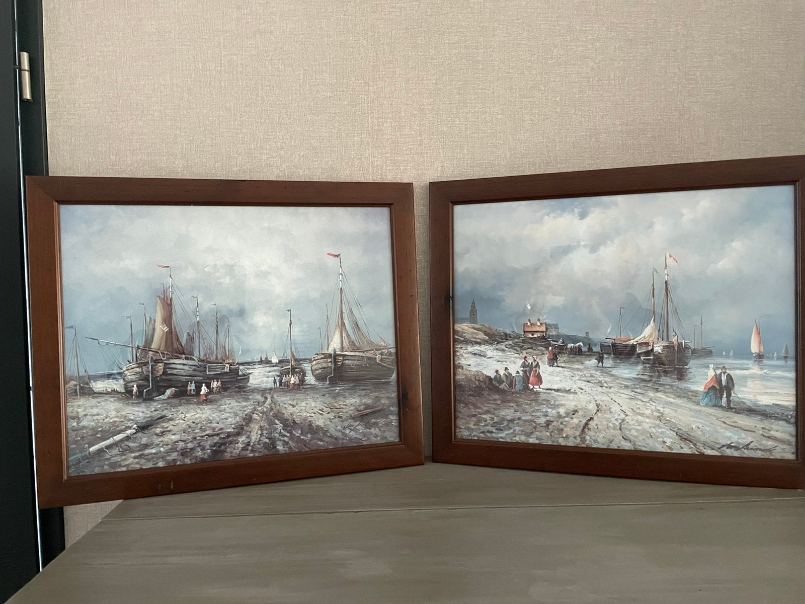 Twee schilderijen Maritieme strand Scheveningen, Ophalen, Klassiek, Gesigneerd, Maritiem / water