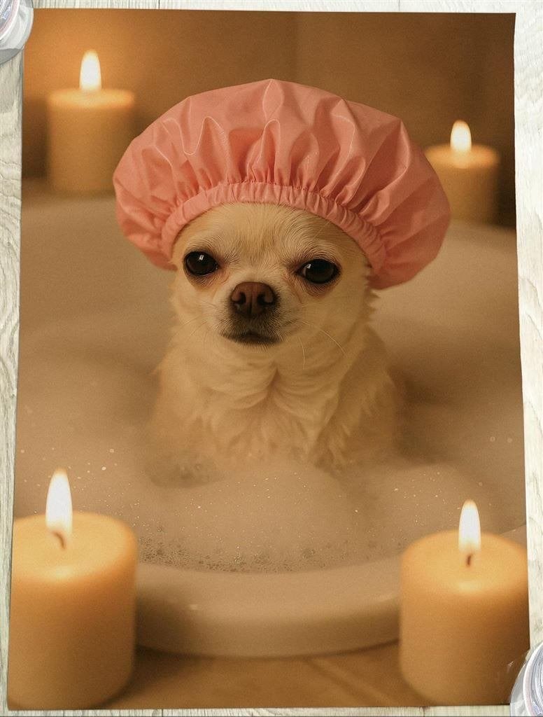 Grappig cute chihuahua hond in bubbelbad affiche poster, Verzenden