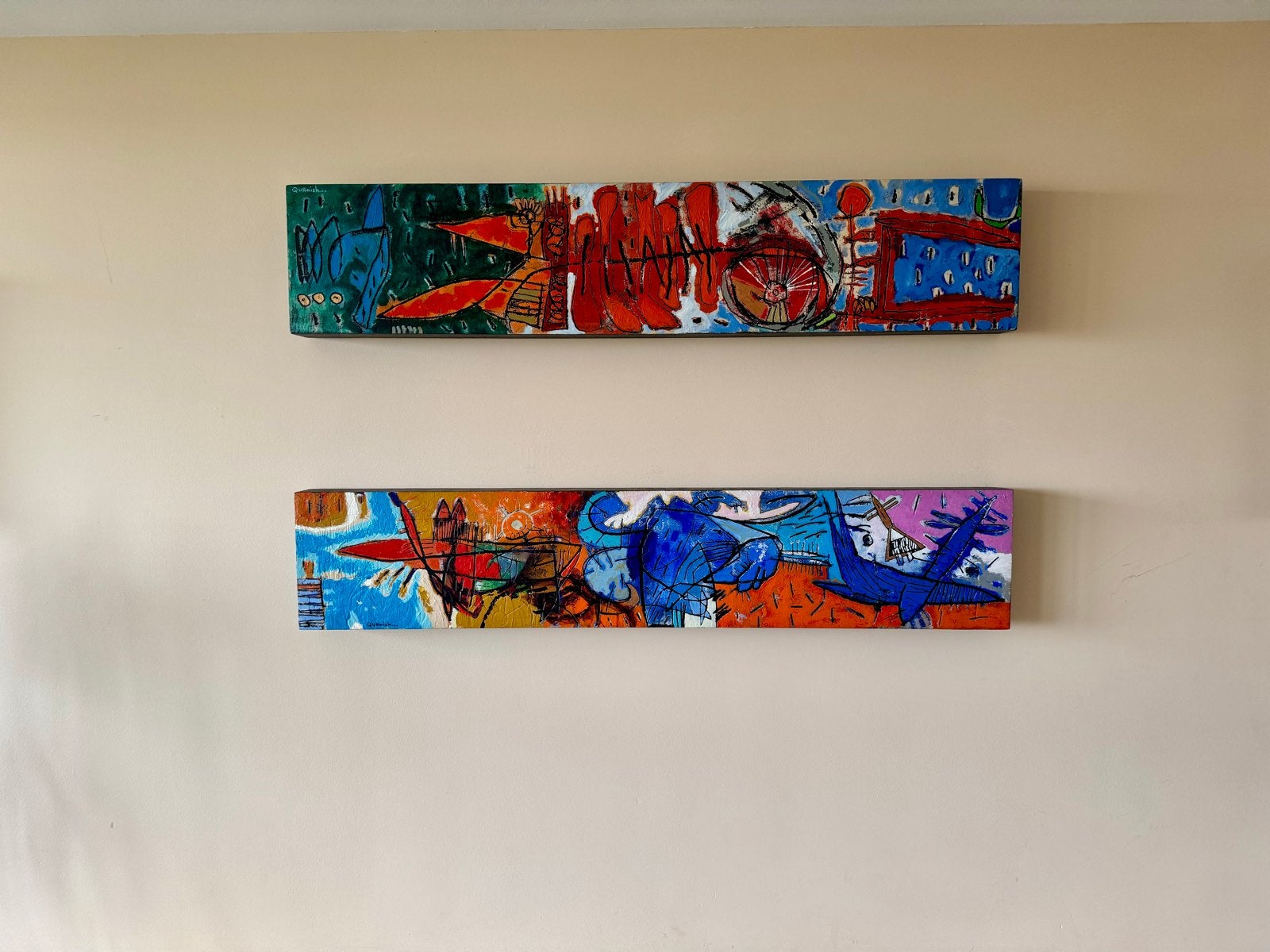 2 Abstracte Acryl op Hout Kunstwerken van Mohammed Quraish, Abstract, Acrylverf, Hout, Ophalen of Verzenden