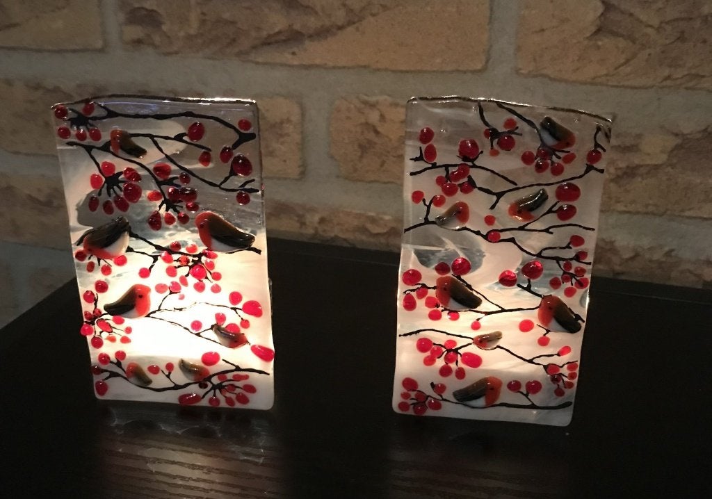 Waxinelichthouder vogel glasfusing bloem kerst glas, 12 cm, Meerkleurig, Overige merken, Waxinelichthouder
