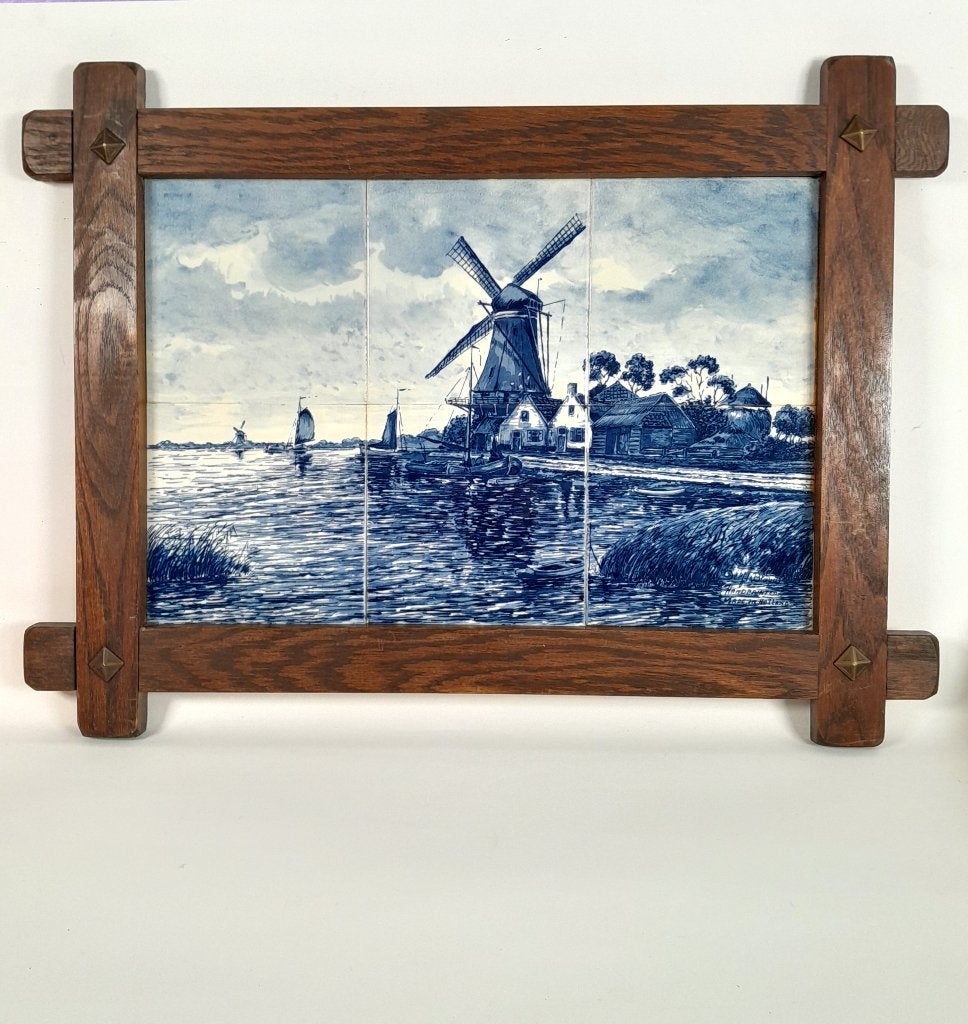 Tegeltableau Delfts Blauw - landschap met schepen en molen, Antiek en Kunst, Ophalen