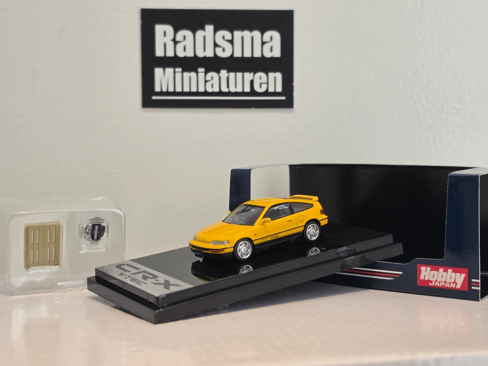 Honda CR-X V-TEC + Motor & Pallet - Yellow 1:64 Hobby Japan, Auto, Ophalen of Verzenden, Hobby Japan, Nieuw
