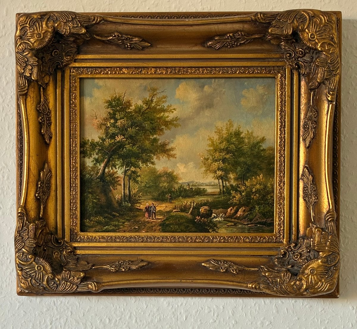 Klassiek olieverfschilderij in sierlijke lijst, Paneel, Ophalen of Verzenden, Landschap, Olieverf