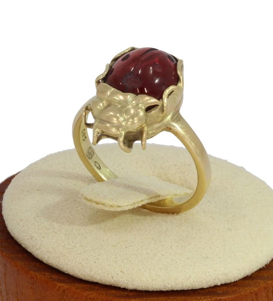 Lieveheersbeestje 14k gouden carneool dames ring vintage, Voordeelsieraden, Verzenden, Zo goed als nieuw, 17 tot 18