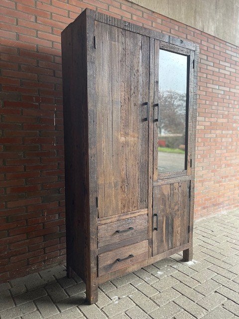 Kabinet oud hout 100 cm breed 180 hoog 2 lades 3 x deuren, 150 tot 200 cm, 25 tot 50 cm, Glas, 1 of 2 laden