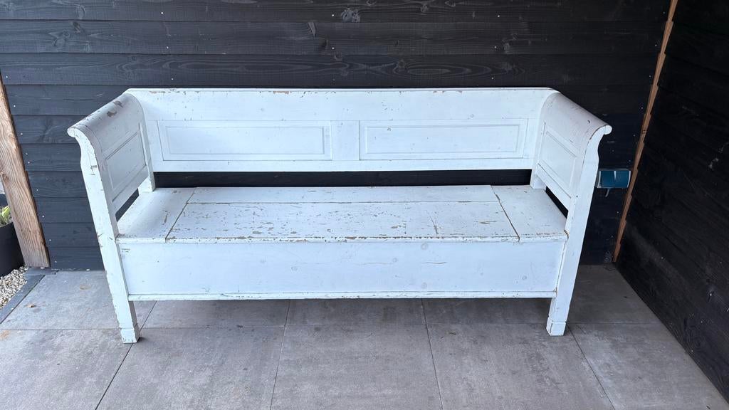 Brocante Klepbank - Wit Houten Opbergbank, Antiek en Kunst, Curiosa en Brocante, Ophalen