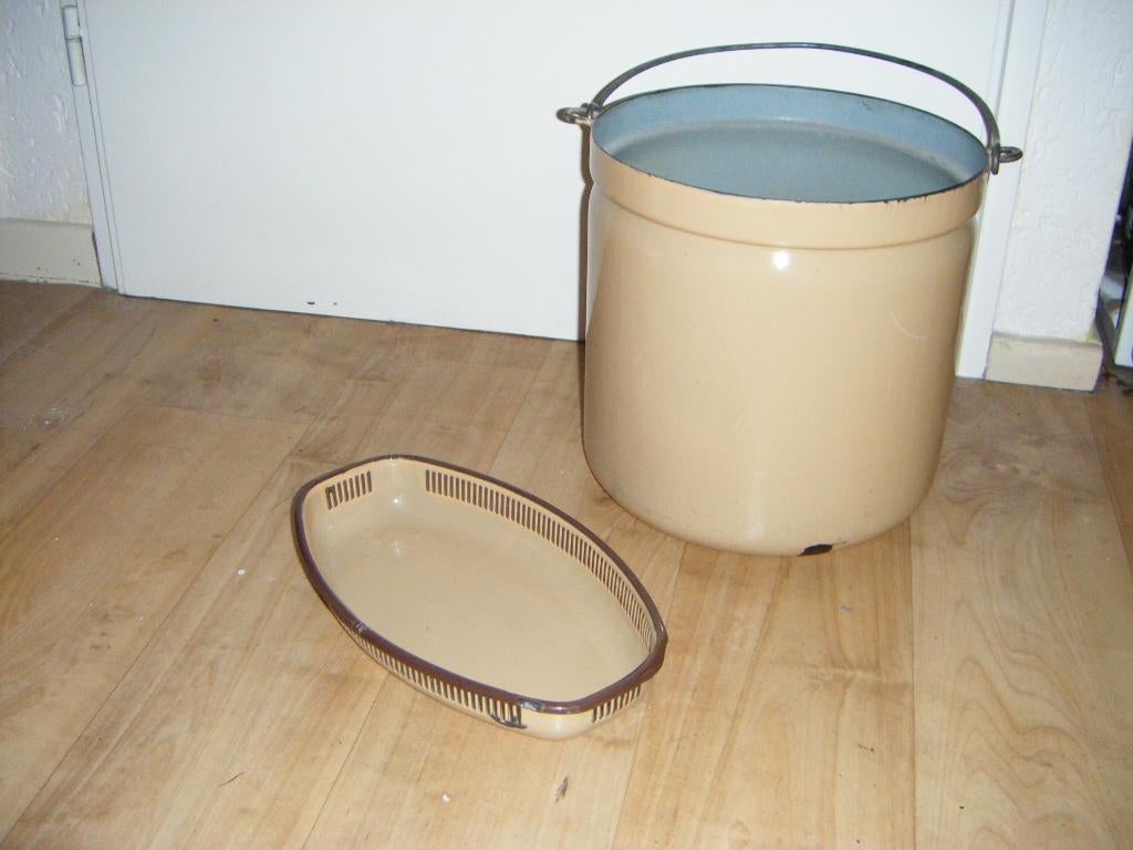 Antieke emaille emmer+broodschaal,broodmand,beige,bruine ran, Ophalen of Verzenden