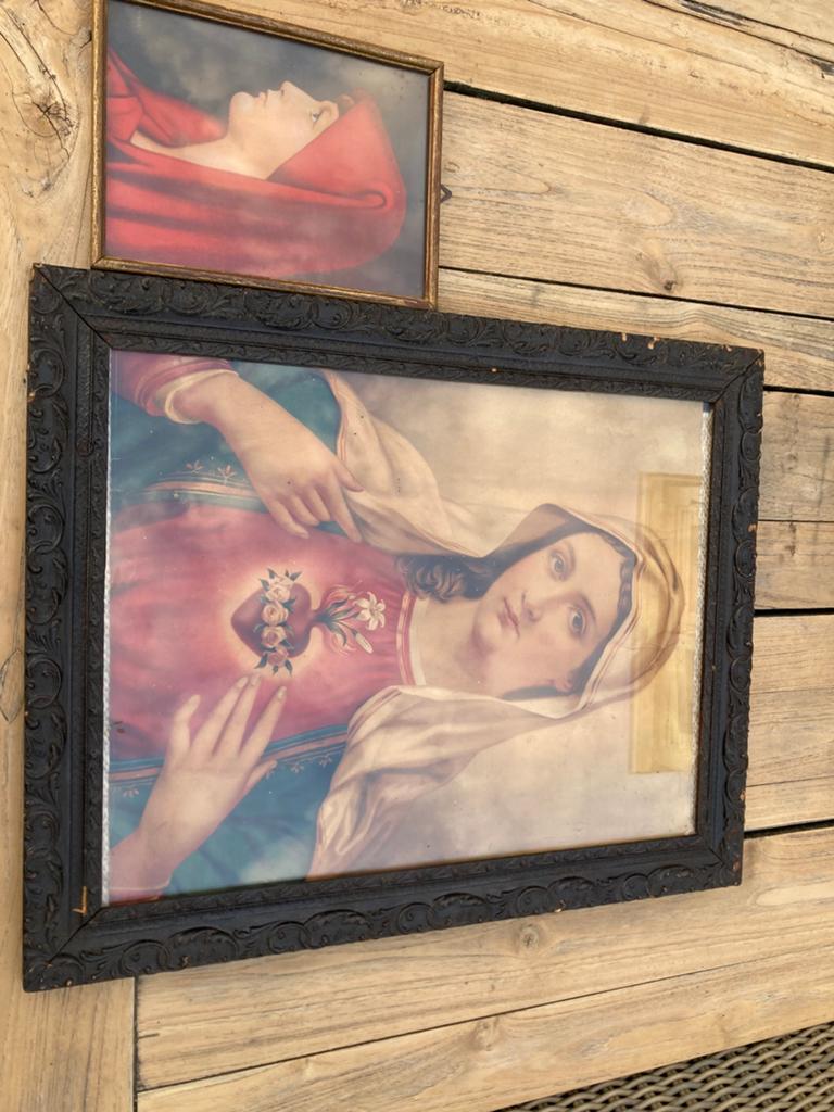 Oude ingelijste Maria afbeeldingen, 2 stuk, Antiek en Kunst, Antiek | Religie, Ophalen of Verzenden