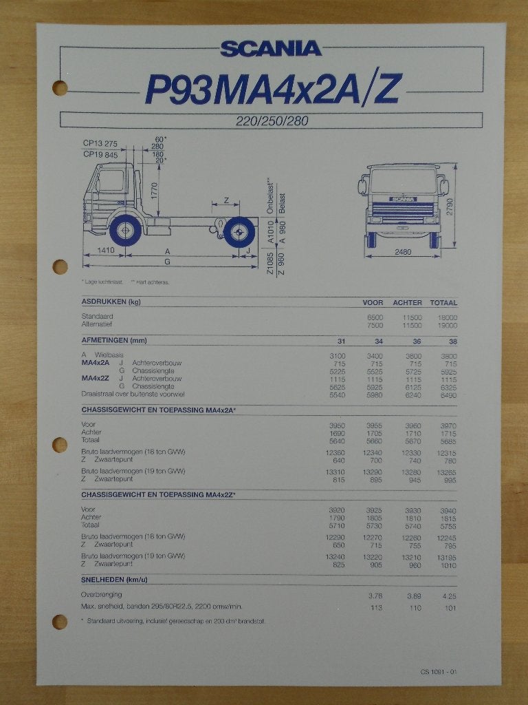 Scania P 93 4x2 1991 Technische Specificatie Brochure P93, Verzenden, Zo goed als nieuw, Overige merken, Scania