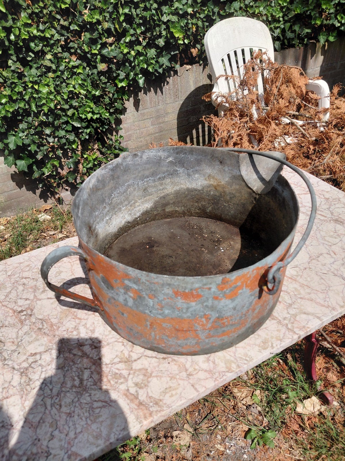 Oude zinken emmer/kuip met handvatten 25 liter., Antiek en Kunst, Ophalen of Verzenden