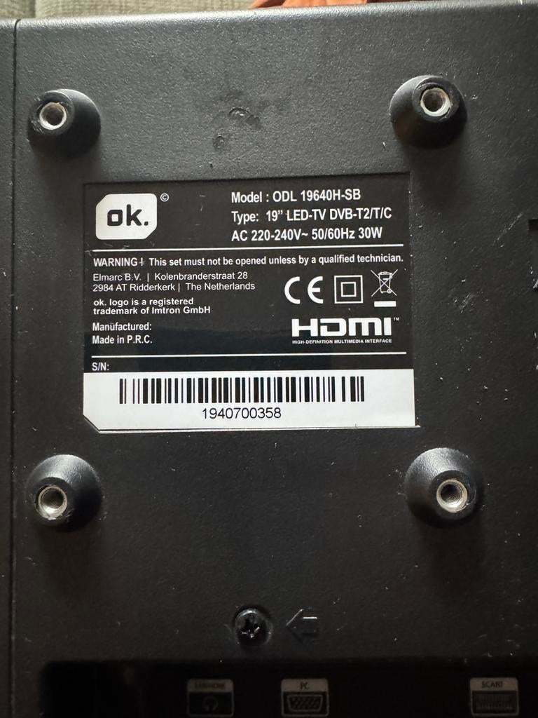 OK. 19 inch LED TV (44x27 cm) - Model ODL 19640H-SB, Ophalen, Gebruikt