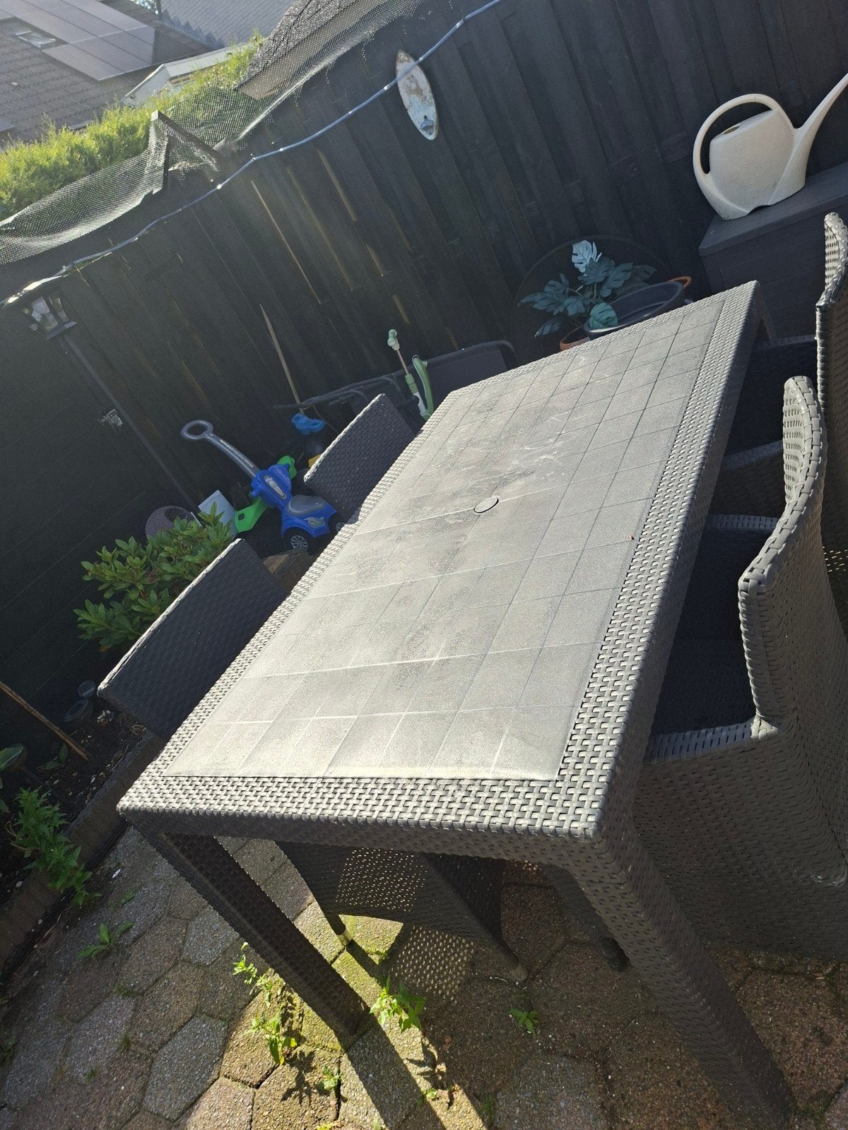 Complete tuinset met 4 stoelen €50,00, Ophalen, 4 zitplaatsen, Kunststof, Gebruikt