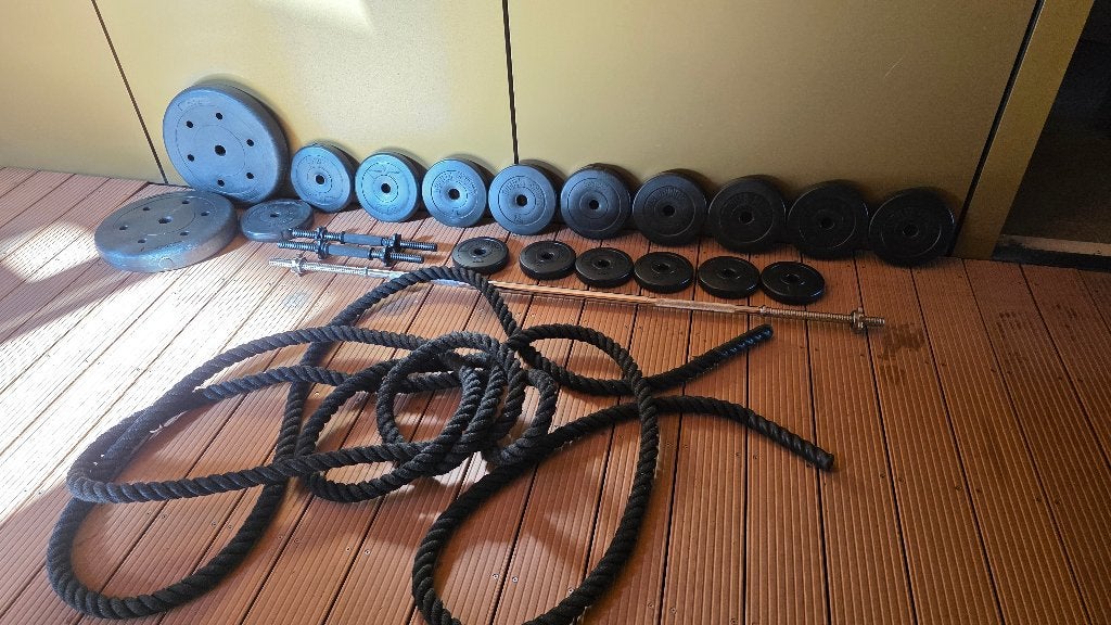 Halterset + battle rope, Ophalen, Zo goed als nieuw, Benen, Halterset