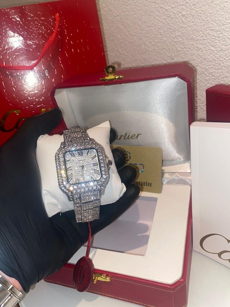 Iced Out Cartier Santos 41-mm, Sieraden, Tassen en Uiterlijk, Horloges | Heren, Overige merken, Staal, Staal, Polshorloge