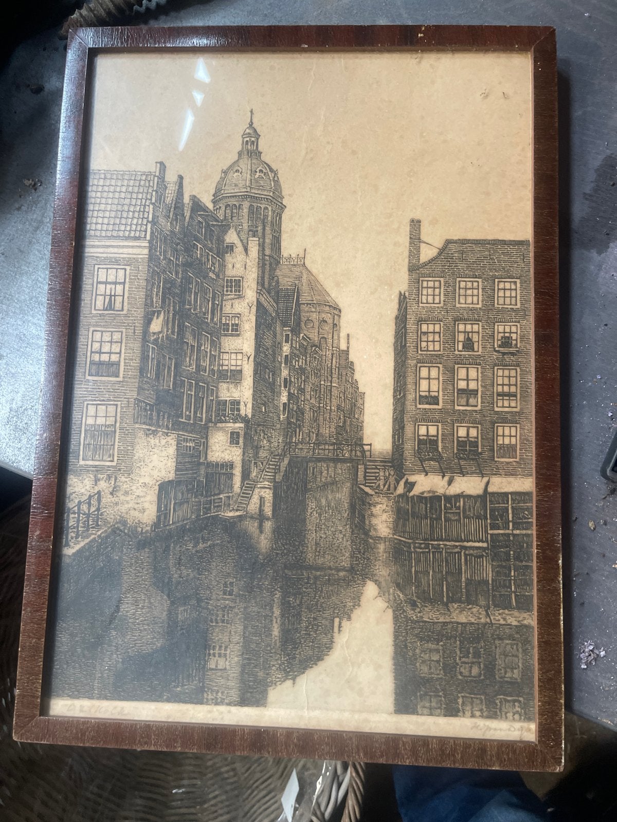 Oude ets van Amsterdamse gracht met Westerkerk, Ophalen, Ingelijst, Ets, Stadsgezicht
