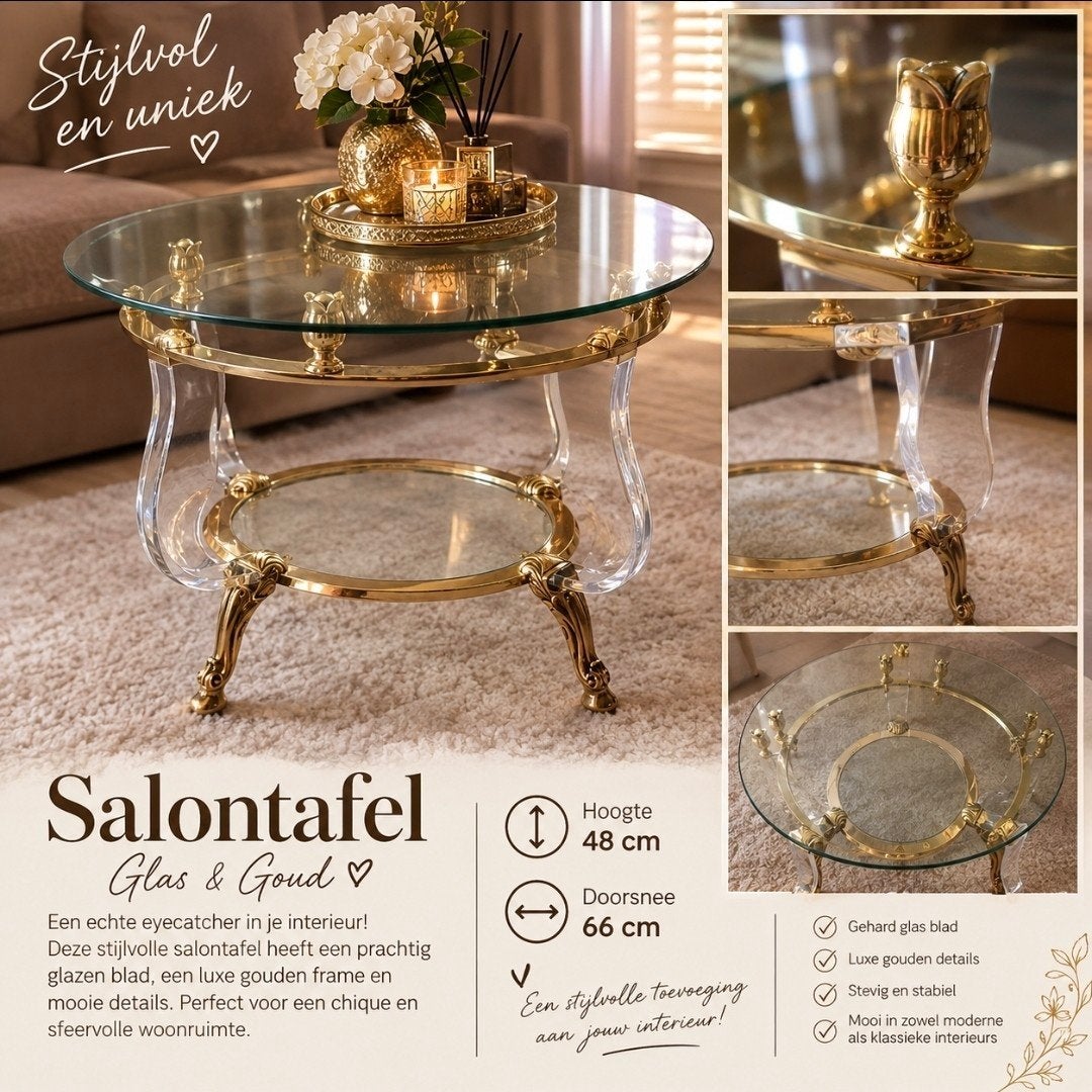 Stijlvolle Glazen Bijzettafel met Gouden Details, Rond, 55 tot 75 cm, Klassiek, Modern, Chique, Ophalen